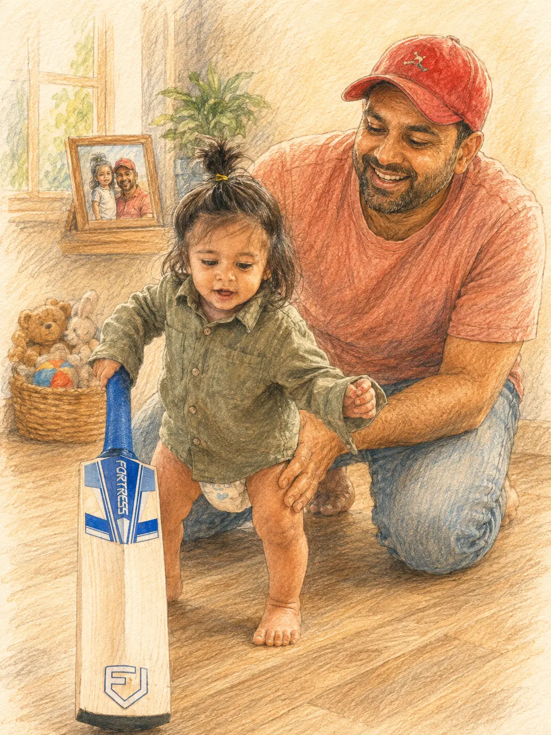 Coloured-pencil illustration of Gnaneshwer kneeling beside his child, who is holding a cricket bat, with family photos and toys behind them